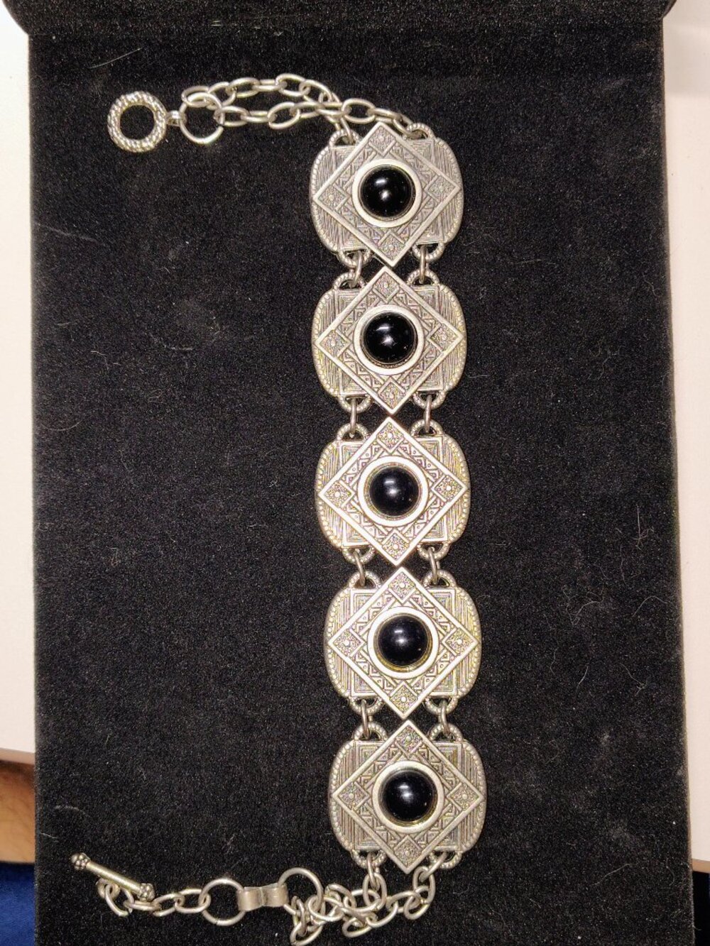 Vintage Southwestern Geometric Panel Link Bracelet – Black Onyx Cabochons – 7.5”